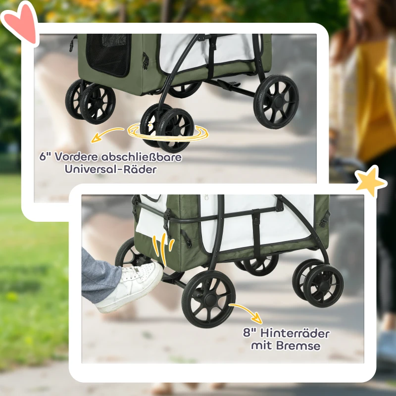 PawHut Huisdierenbuggy voor Honden en Katten, Opvouwbaar, Afneembare Mand, 81 x 58 x 97,5 cm, Zwart+Donkergroen+Wit