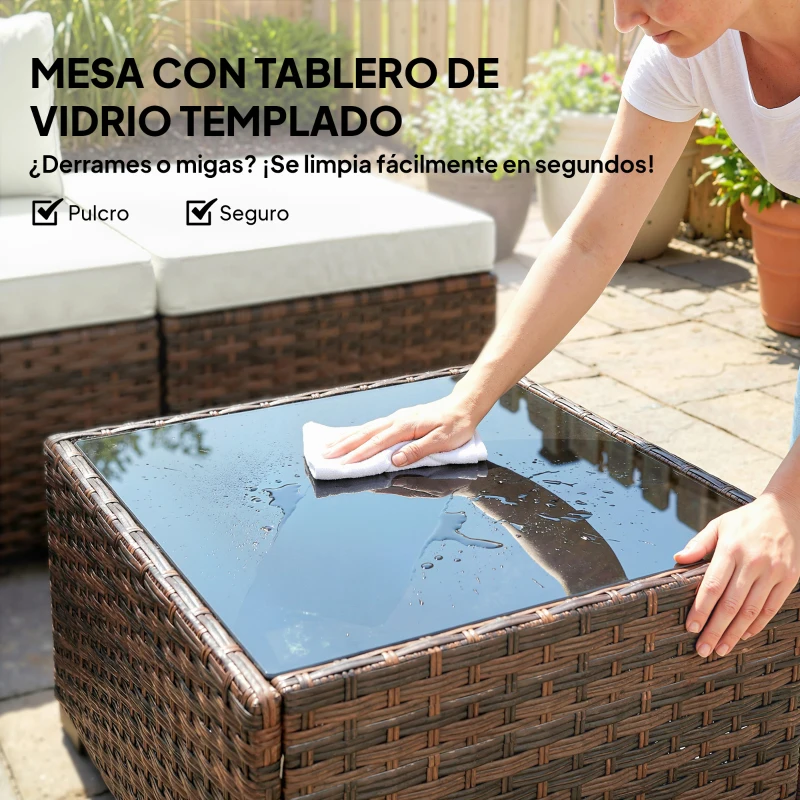 Outsunny Conjunto de Jardín Exterior de Ratán de 6 Piezas con Silla Esquinero 2 Sillas sin Brazos Reposapiés y Mesa Marrón