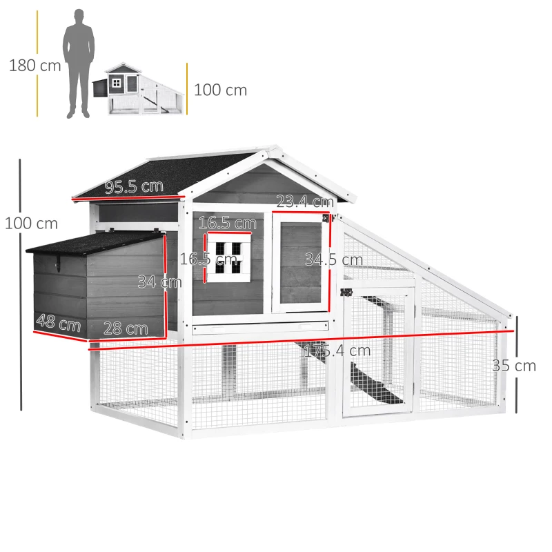 PawHut Chicken Coop with Run Garden Wooden Hen Cage Poultry Coops Cages with Nesting Box Ramp Sliding Tray Outdoor Grey for 2-4 Chickens 175.4 x 95.5 x 100cm