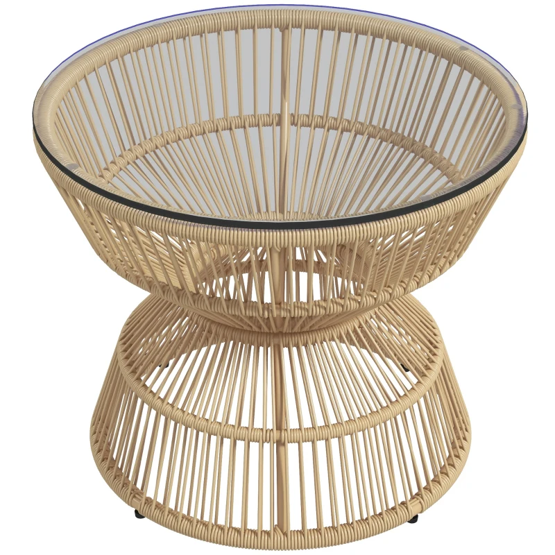 Outsunny Buitentafel Bijzettafel Tuinmeubel Rattan Bijzettafel, Glazen Blad, PE-Rattan, 60 cm x 60 cm x 50 cm, Natuurlijk