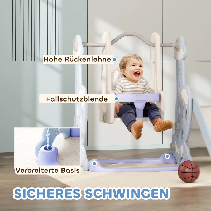 AIYAPLAY 4-in-1 Binnenspeelplaats, Glij- en Schommelset voor Peuters, Basketbalring, Raketontwerp, Kunststof, Lichtblauw