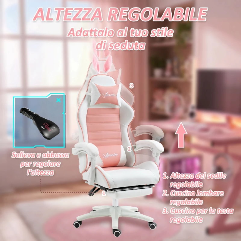 Vinsetto Sedia Gaming Ergonomica con Orecchie, Poggiapiedi Estraibile, Cuscino Lombare e Poggiatesta, Rosa