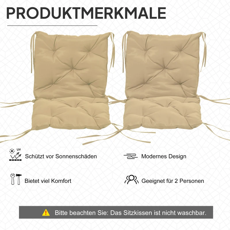 Outsunny Set van 2 zitkussens, 98 x 50 cm stoelkussens met bindbanden, stofhoes, 8 cm dik Khaki