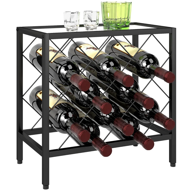 HOMCOM Suport pentru sticle de vin, 10 sticle, din oțel negru, cu blat din sticlă securizată, 41x22x41 cm
