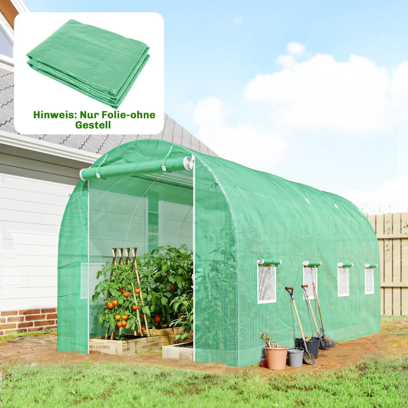 Outsunny Kasfolie 4 x 2 m, waterdichte tuinfolie met deur, 8 ramen, UV-bescherming, scheurbestendig PE groen