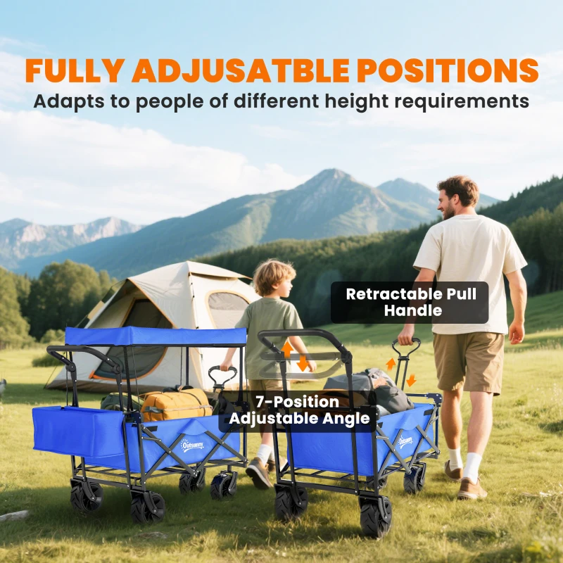 Outsunny 180L Festival Trolley on Wheels, Push & Pull Beach Cart with Removable Canopy, Wide All-Terrain Wheels, Folding Camping Trolley Cart, Adjustable Handle for Garden Fishing Shopping, Blue