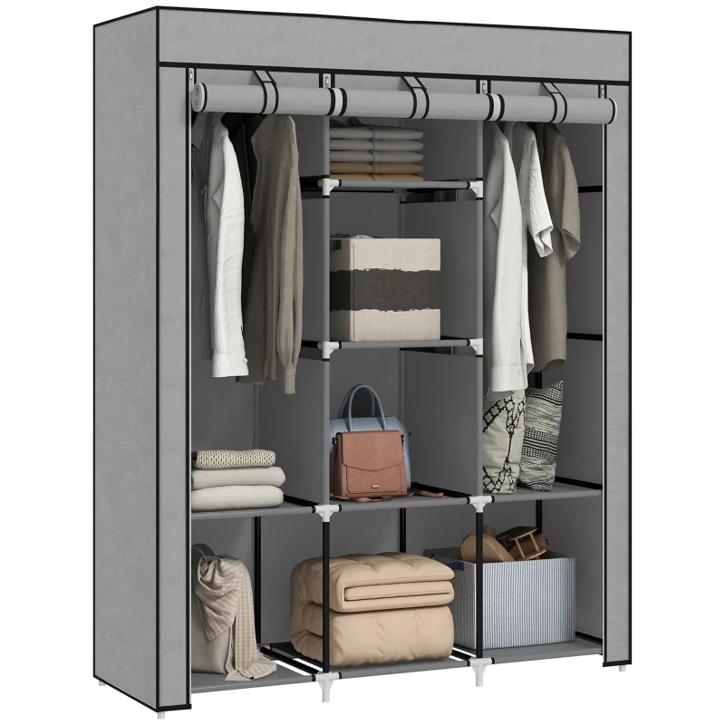 HOMCOM Armoire penderie multi-rangement - 8 étagères, 2 barres - non tissé gris clair