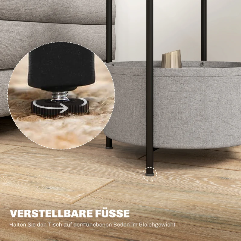 HOMCOM Ronde Bijzettafel met Stoffen Mand, 2-Laags Koffietafel voor Woonkamer, Slaapkamer, Kleine Ruimtes, Metaal, Grijs+Wit