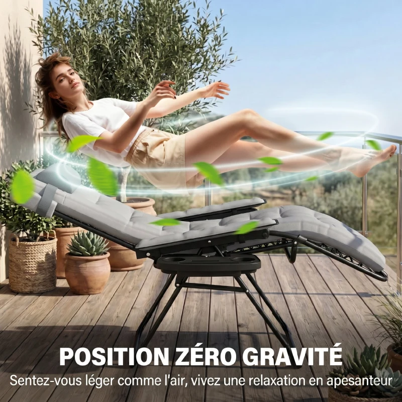Outsunny Chaise de Gravité Zéro avec Accoudoirs, Coussin, Porte-Gobelet, Appuie-tête, Dossier Réglable, 65x93x108cm, Gris Clair