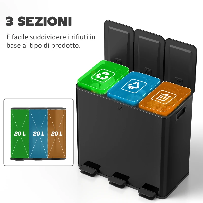 HOMCOM Bidone Immondizia a 3 Sezioni da 20L con Chiusura Silenziosa, in Acciaio Inox e PP, 61.9x36.6x56.7 cm, Nero