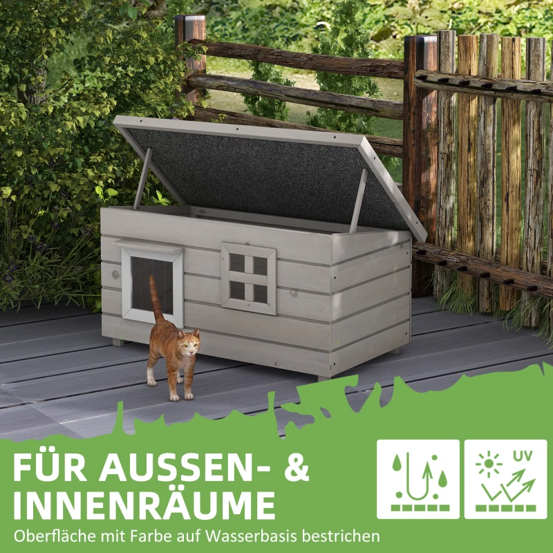 PawHut Buiten Kattenhuis Groot Modern Luxe Sparhout met Raam voor Katten Grijs Zwart