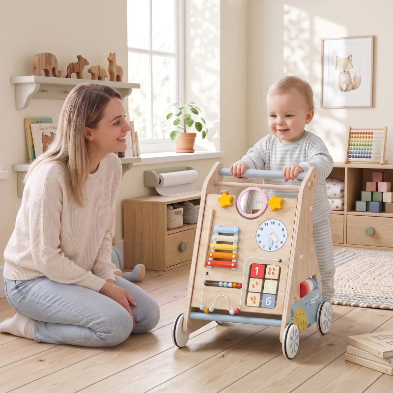 AIYAPLAY 3-in-1 baby loopwagen met afneembaar dubbelzijdig activiteitspaneel, tas en wielen voor 1-3 jaar