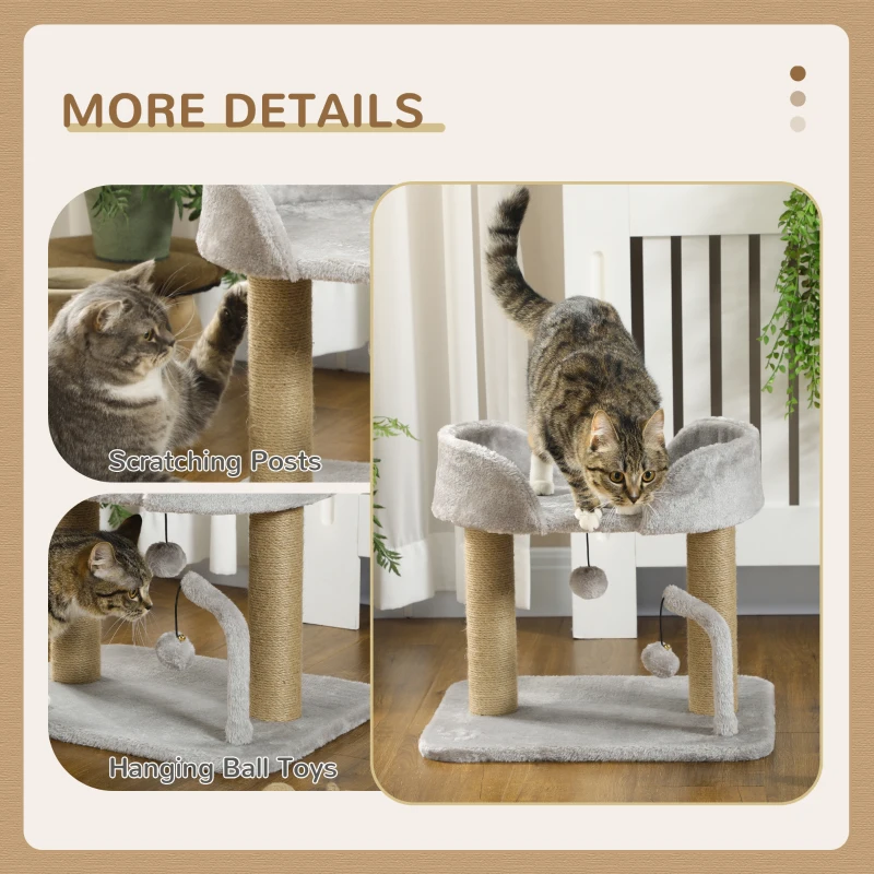 PawHut 42cm Indoor Cat Tree, with Toy Balls, Jute Scratching Post - Light Grey