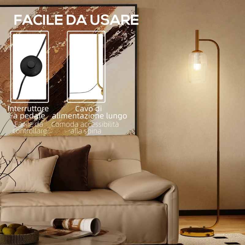 HOMCOM Lampada da Terra Moderna con Paralume in Vetro e Interruttore a Pedale per Lampadine E27, Oro