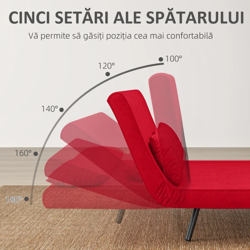 HOMCOM Canapea extensibilă din material cu efect de catifea cu spătar reglabil și 2 perne, 102x73x81 cm, roșu(m-5)