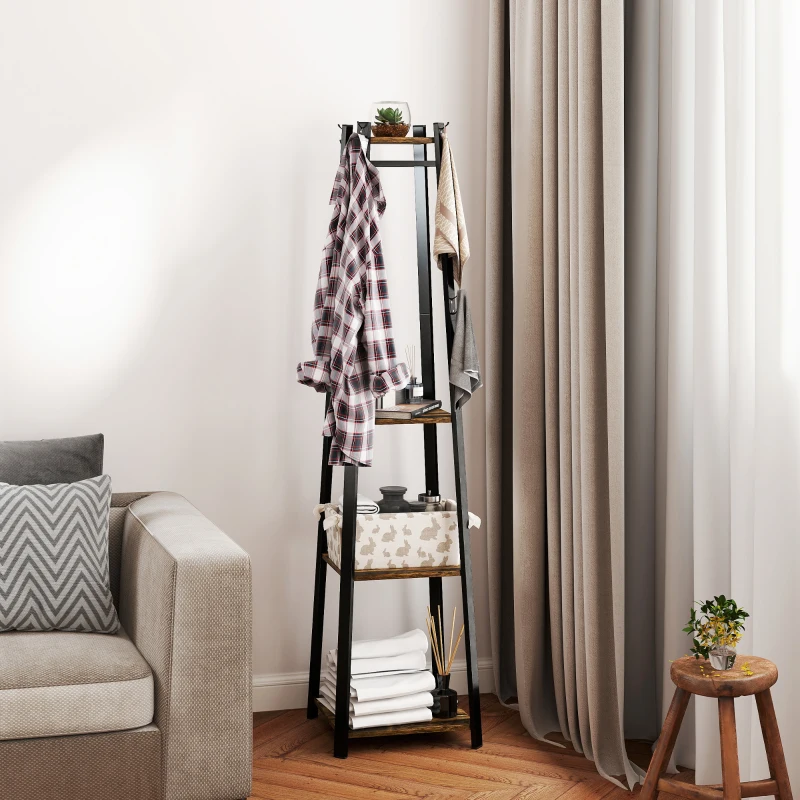 HOMCOM Appendiabiti da Terra con 8 Ganci, 3 Ripiani e Mensola Superiore, 42x42x170 cm, Marrone