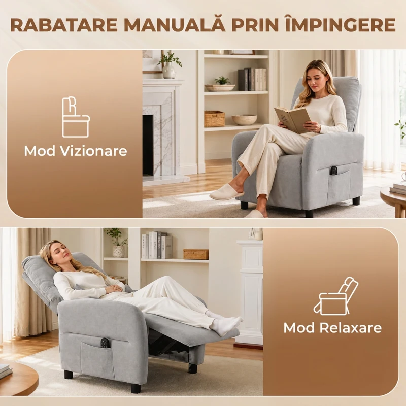 HOMCOM Fotoliu Reclinabil Manual cu Masaj și Încălzire, 135°, 8 Puncte de Masaj, Suport Picioare, Pernă Lombară, Gri