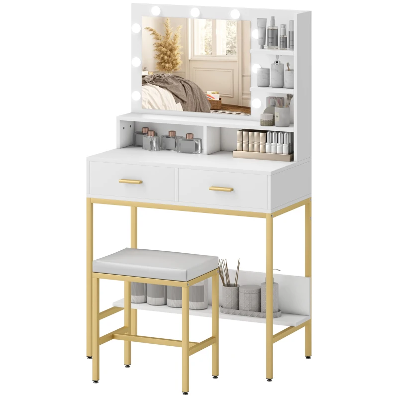 HOMCOM Toucador de Maquilhagem com Luz e Banco Mesa de Maquilhagem com 2 Gavetas e Prateleiras Estilo Moderno para Quarto Branco
