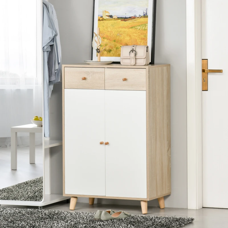 HOMCOM Mobile Scarpiera Salvaspazio per 12 Scarpe, Armadietto con 4 Mensole e 2 Cassetti, 68x35x102.5 cm, Color Legno e Bianco