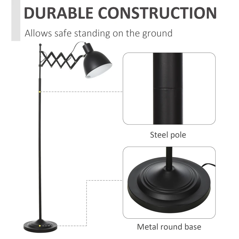 HOMCOM Lampada da Terra 140cm con Paralume Regolabile ed Estraibile, Base Rotonda, Interruttore a Pedale in Metallo Nero