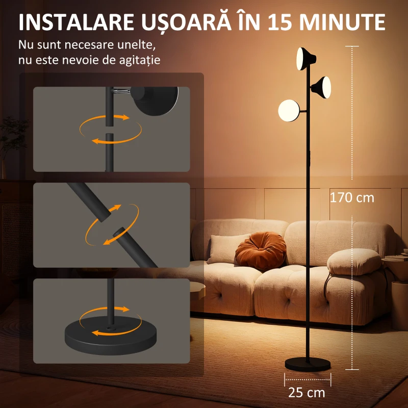 HOMCOM Lampă de Podea cu 3 Capete Reglabile Independent, Telecomandă și Timer, din Oțel și Plastic, Ø25x170 cm, Negru