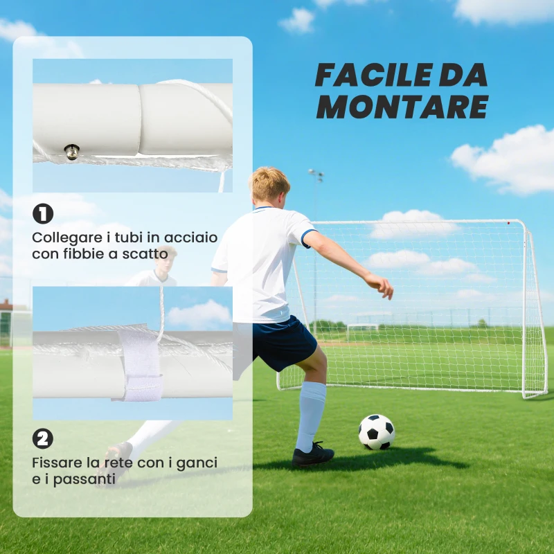 HOMCOM Porta da Calcio per Giardino e Parco con 6 Picchetti a U, in PE e Metallo Epossidico, 301x120x200 cm, Bianco