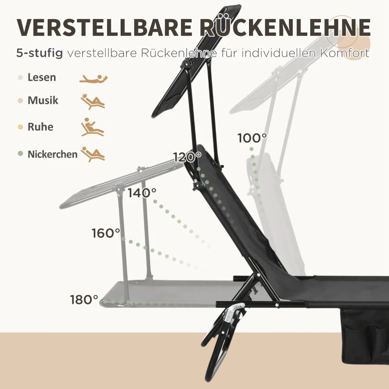 Outsunny Set van 2 inklapbare ligbedden met zonnedak, 5-standen verstelbare rugleuning Zwart