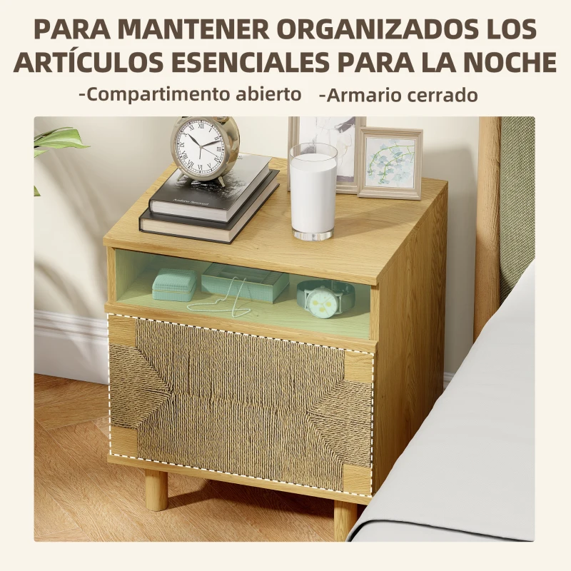 HOMCOM Mesita de Noche Bohemio con Puerta de Cuerda de Papel Estante Abierto Apertura por Presión 45x39x50 cm Roble