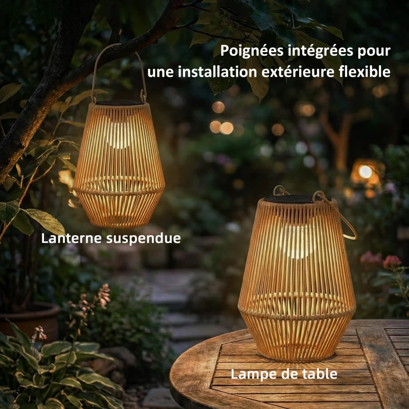 Outsunny Lot de 2 lanternes solaires suspendues extérieur, lampes de jardin en résine tressée avec allumage automatique, marron