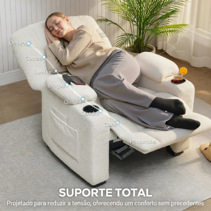 HOMCOM Poltrona Relax Reclinável Elétrica com Função Memória Apoio para Pés Controlo Remoto e Porta USB 94x90x105 cm Creme