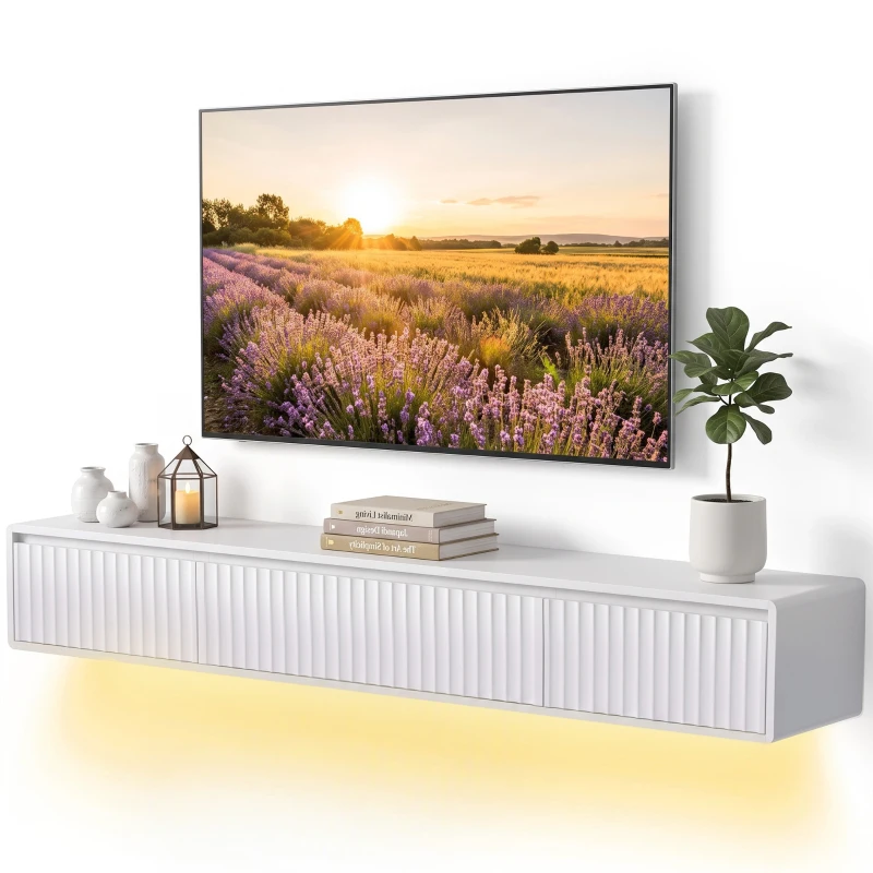 HOMCOM Mobilă TV suspendată flotantă 160 cm cu iluminare LED și prize, mobilă pentru televizor 182,88 cm, alb