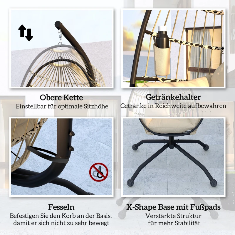 Outsunny Hangende schommelstoel voor buiten met opvouwbare mandzitting en dikke kussens, frame, hoofdsteun, bekerhouder, Khaki