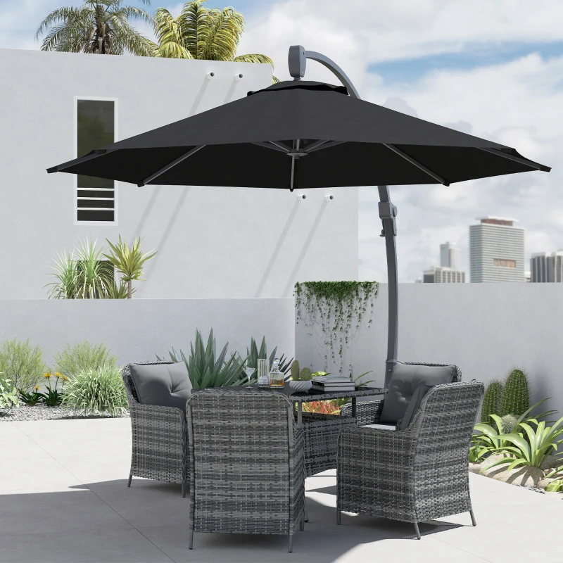 Outsunny 3(m) Garden Cantilever Parasol, Round Overhanging Umbrella with Crank Handle, Cross Base, Aluminium Frame and 360° Rotation, Banana Patio Umbrella for Outdoor Sun Shade, Black