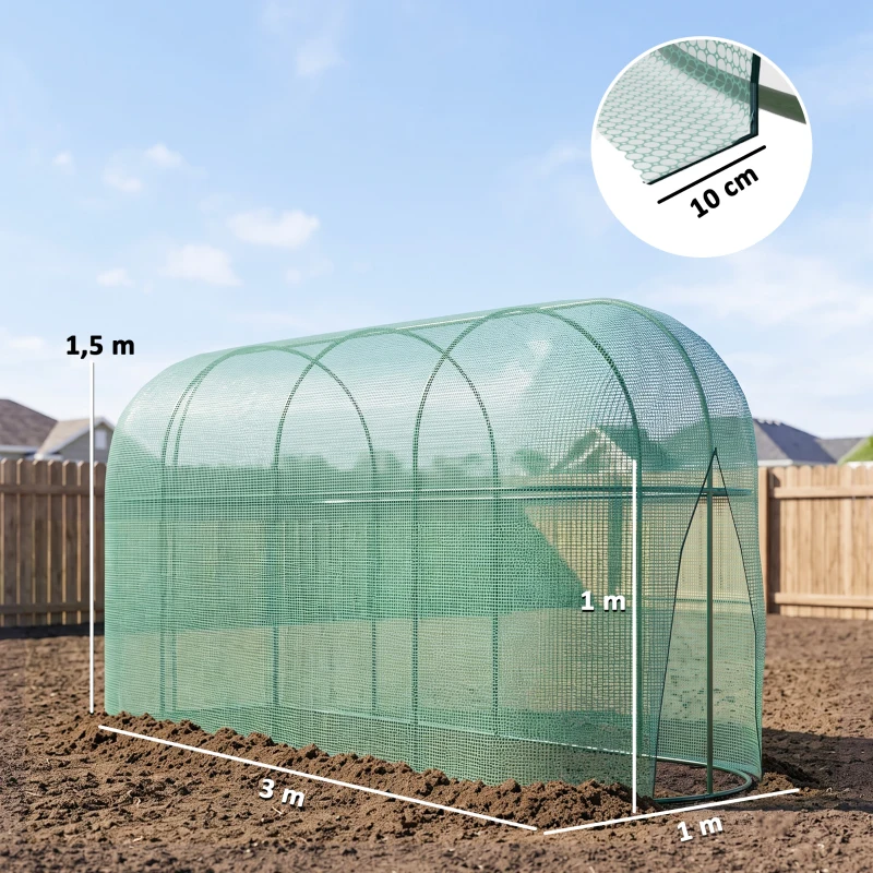 Outsunny Vogelbeschermingsnet, metalen frame, ritssluitingdeur, eenvoudig opzetten en afbreken, 3 x 1 x 1,5 m, groen