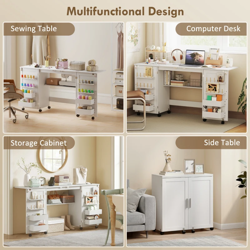 HOMCOM Folding Sewing Table with 2 Magnetic Doors, Storage Shelf, Lockable Wheels, Space Saving, White
