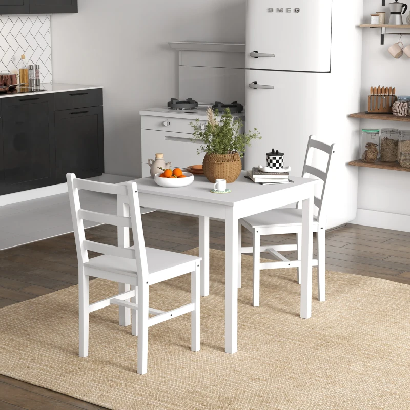 HOMCOM 3-delig Eettafelset Eetgroep Tafel met Stoelen, Grenenhout, Wit