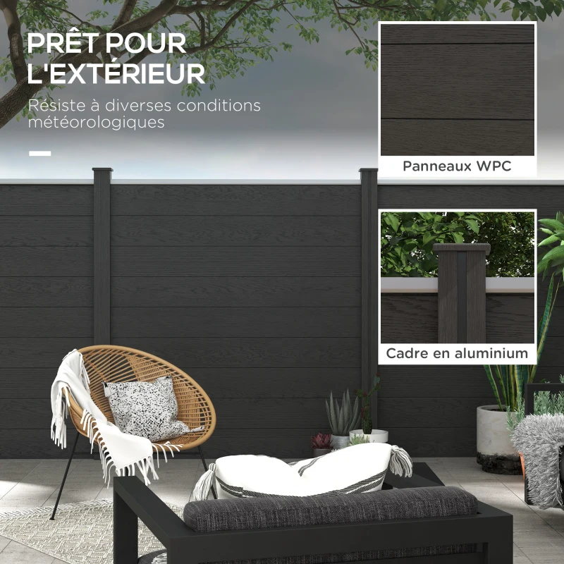 Outsunny Clôture de jardin occultant en WPC bois composite et aluminium extérieur avec pieds - modulable, 186L x 187H cm, gris
