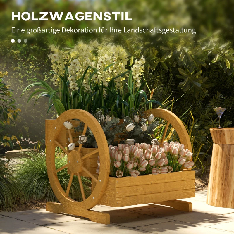 Outsunny Houten Plantenbak met 3 Lagen en Wagenwieldecoratie - 62 x 61 x 57 cm