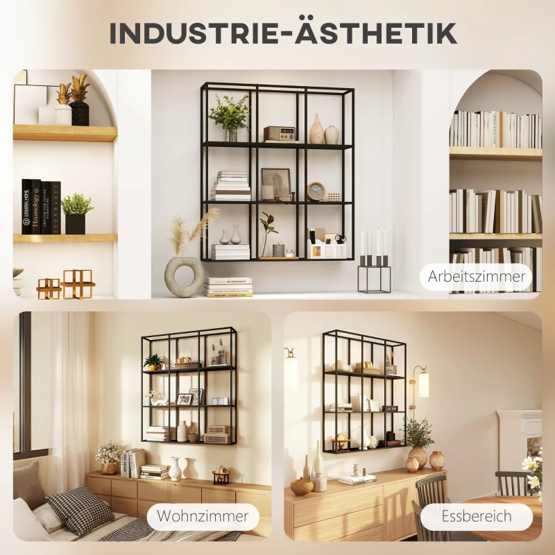 HOMCOM Industrieel wandrek met 9 vakken, metalen rek voor verzamelobjecten, ideaal voor woondecoratie, zwart