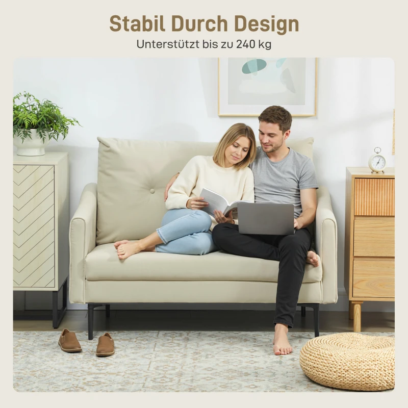 HOMCOM 2-zitsbank met schuimvulling en stofbekleding, voor woonkamer, slaapkamer, metalen frame, crèmewit