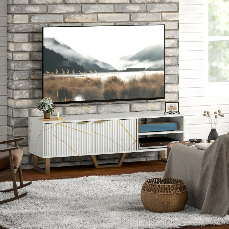 HOMCOM Marble Effect TV Unit, Modern TV Stand Cabinet for up to 70" TVs, with Shelves and Storage Cupboard, Fluted Door, Extra Centre Leg, Cable Management for Living Room, White