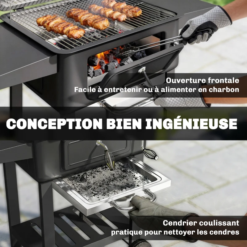Outsunny Barbecue Charbon de Bois Chariot Grill de Jardin avec Couvercle XXL Bac à Charbon et Évents Réglables 112cm Noir