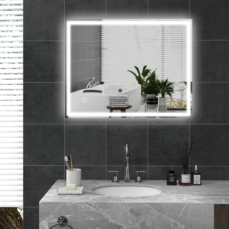 HOMCOM Badkamerspiegel met LED Verlichting 90x70 cm Wandspiegel met Memory-Functie en 3 Lichtkleuren Zilver(m-2)