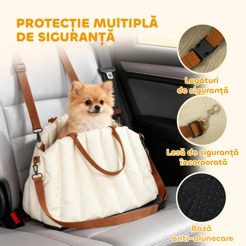 PawHut Scaun Auto pentru Câini Mici cu Lesă și Bază Antiderapantă, Convertibil în Geantă pentru Animale, Crem