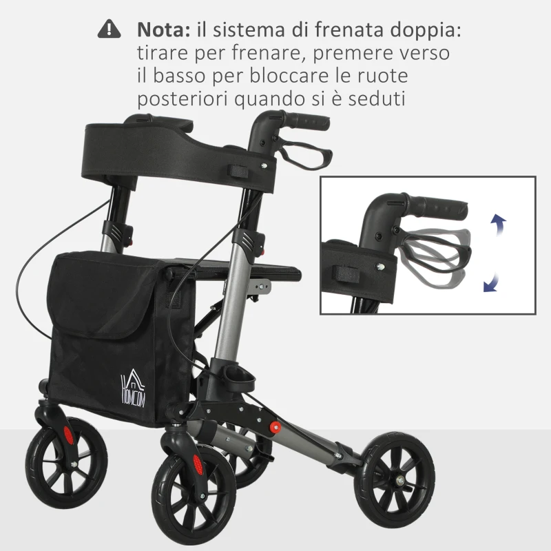 HOMCOM Deambulatore Pieghevole in Allumino ad Altezza Regolabile con Borsa, 64x67x80-92 cm, Nero e Argento