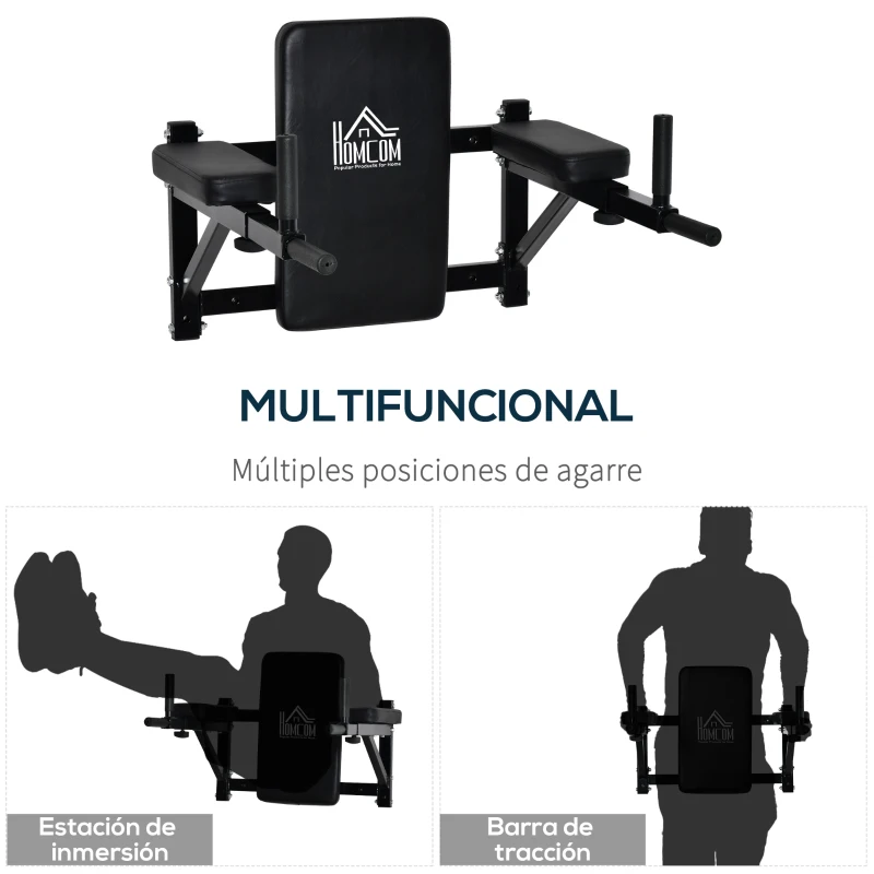 HOMCOM Barra de Musculación para Pared Estación de Fondos con Brazos Ajustables para hacer Dominadas Flexiones en Casa 70x53-63x48 cm Negro