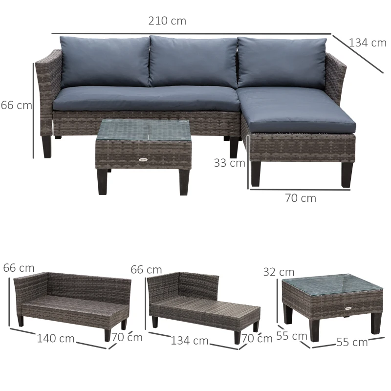 Outsunny 3 Pcs Garden Sofa PE Rattan Set w/ 2 Seats Square Glass Top Coffee Table Thick Cushions Solid Legs Metal Frame Patio Outdoor Balcony Patio L Corner Shape - Grey
