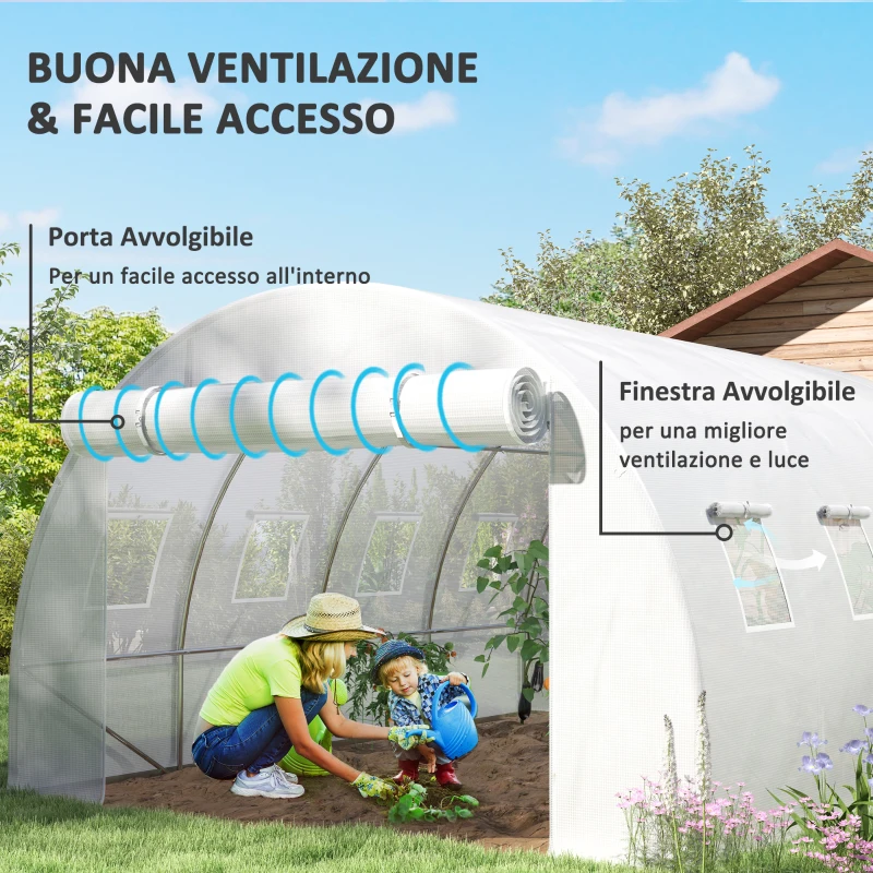 Outsunny Telo Serra in PE con 8 Finestre, Porta Avvolgibile e Bordi Interrati, 4x3x2 m, Bianco