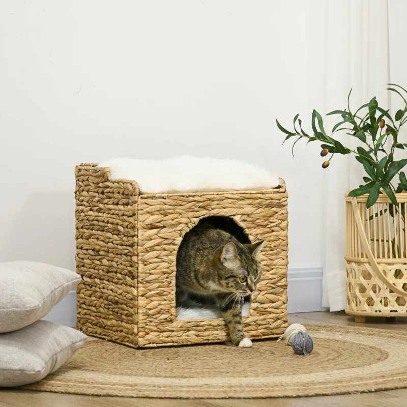 PawHut kattengrot met waterhyacintgras, 2 slaapruimtes, 2 wasbare kussens, naturel + wit