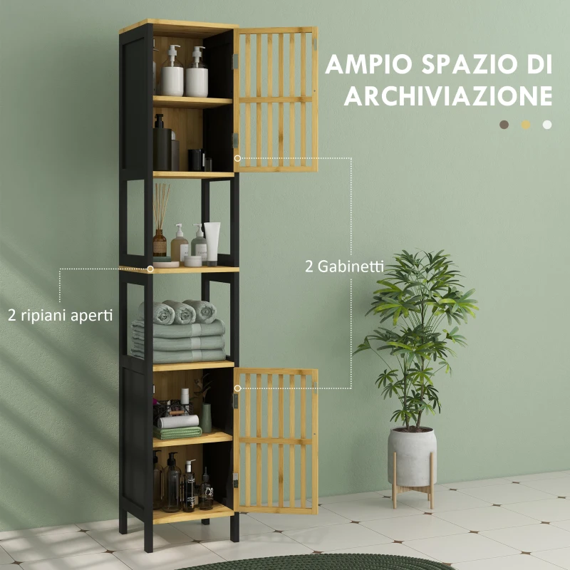 HOMCOM Mobiletto Bagno a Doghe con 2 Ripiani Aperti e 2 Armadietti, in MDF e Bambù, 32x30x172 cm, Nero e color Legno